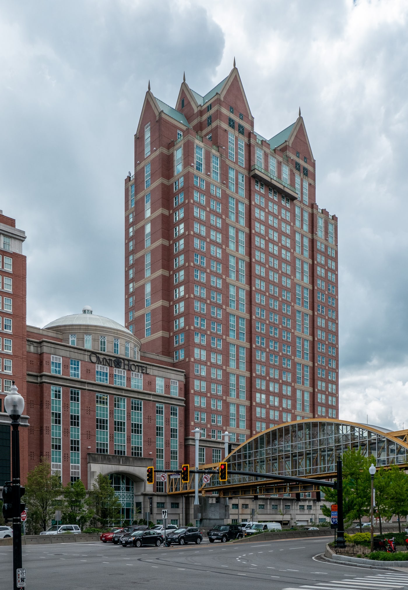 Omni Providence Hotel exterior and skybridge, May 2019