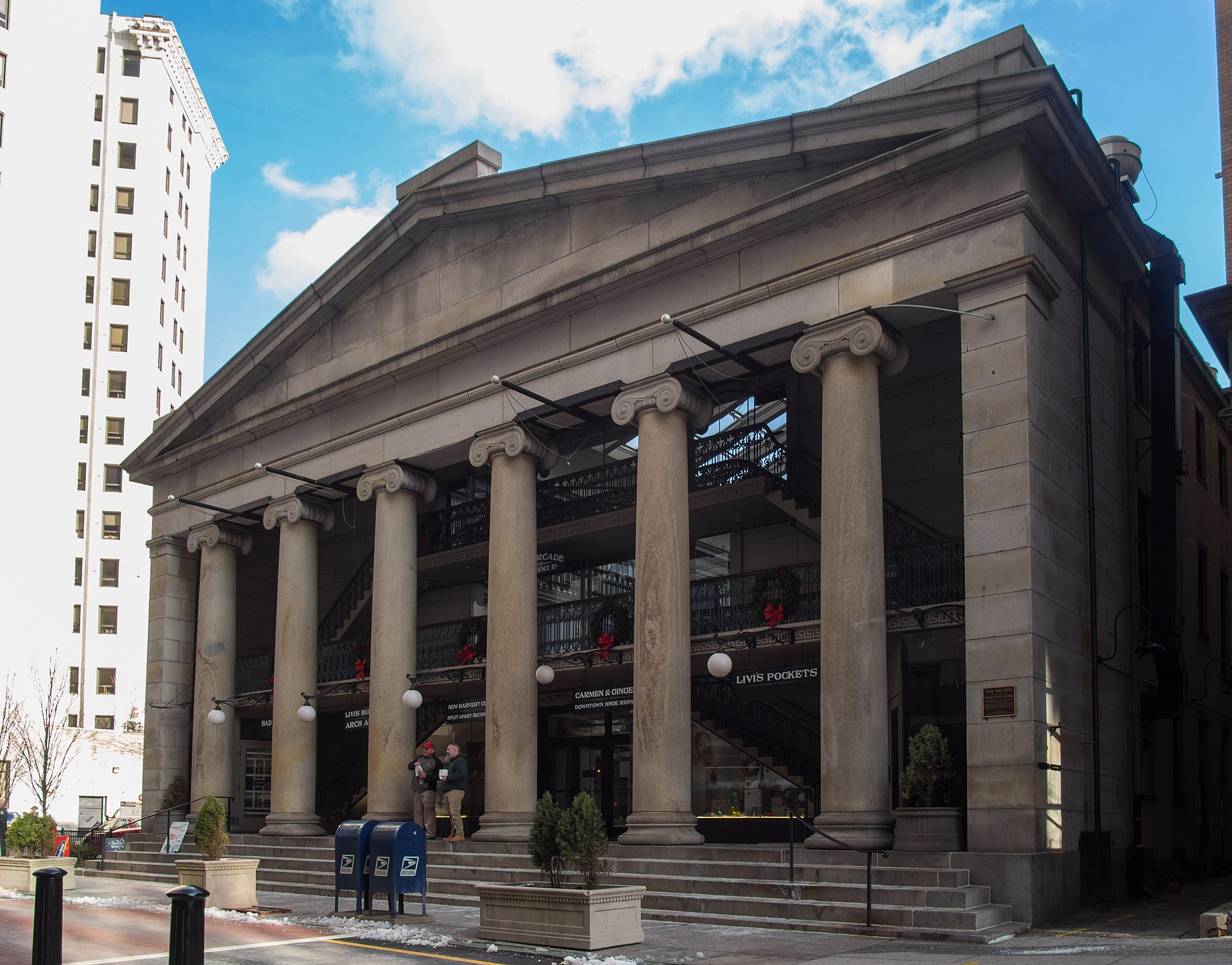 The Greek Revival Ionic columns and pediment of the Arcade Providence downtown