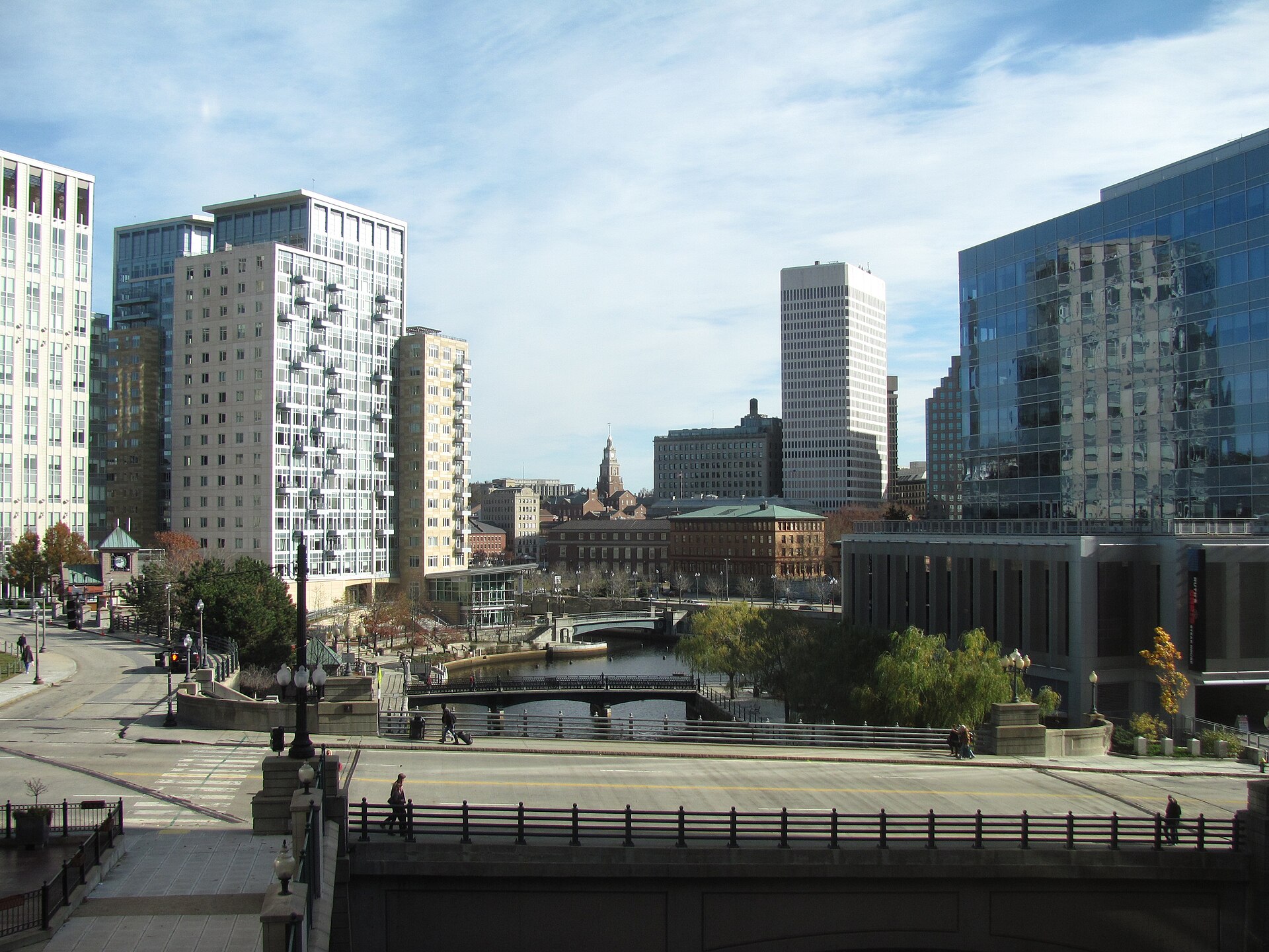 The Waterplace Park river basin and Riverwalk below the downtown Providence skyline